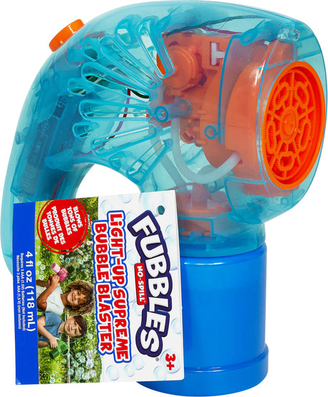 Fubbles No-Spill Light-Up Supreme Bubble Blaster in blue with orange details and included bubble solution bottle.