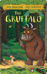 Illustrated cover of The Gruffalo showing a large brown monster and a small mouse meeting in a forest setting.