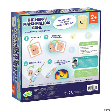 The Happy Marshmallow Game box showing colorful marshmallow cards and roasting sticks for toddlers 2 and up.