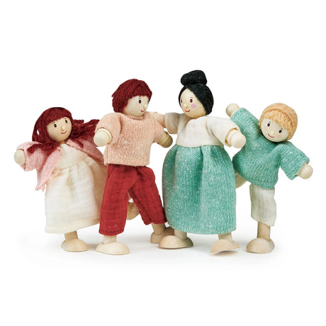 Four wooden dolls dressed in colorful fabric clothes representing a happy family in playful poses