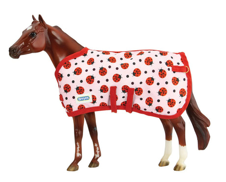 Colorful Blanket with ladybug pattern and red trim on a traditional model horse, 1:9 scale, ages 8+