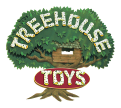 Illustration of a leafy green tree with a wooden treehouse and the text treehouse toys on branches and roots