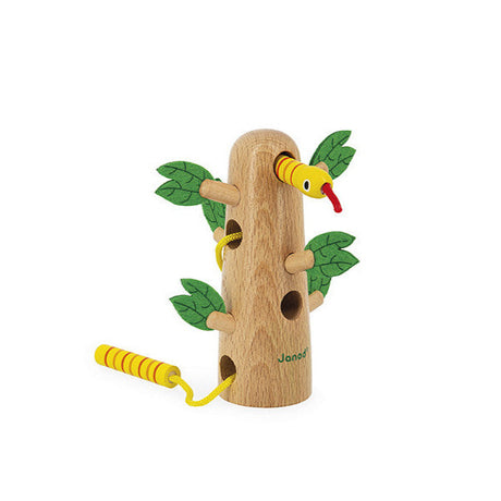 Tropik Lace-Up Tree wooden toy with a yellow snake, designed to develop fine motor skills for toddlers.
