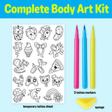 Temporary tattoo sheet with fun designs, three pink, blue, yellow markers, and a sponge for easy application kit