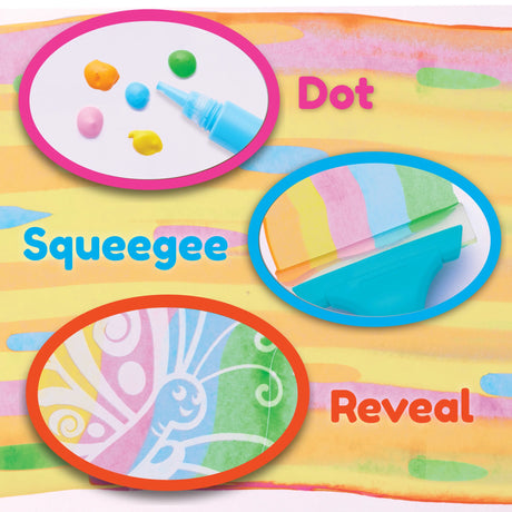 Squeegeez Magic Reveal Art Butterfly showing dotting paint, squeegee tool, and revealed butterfly design on colorful background