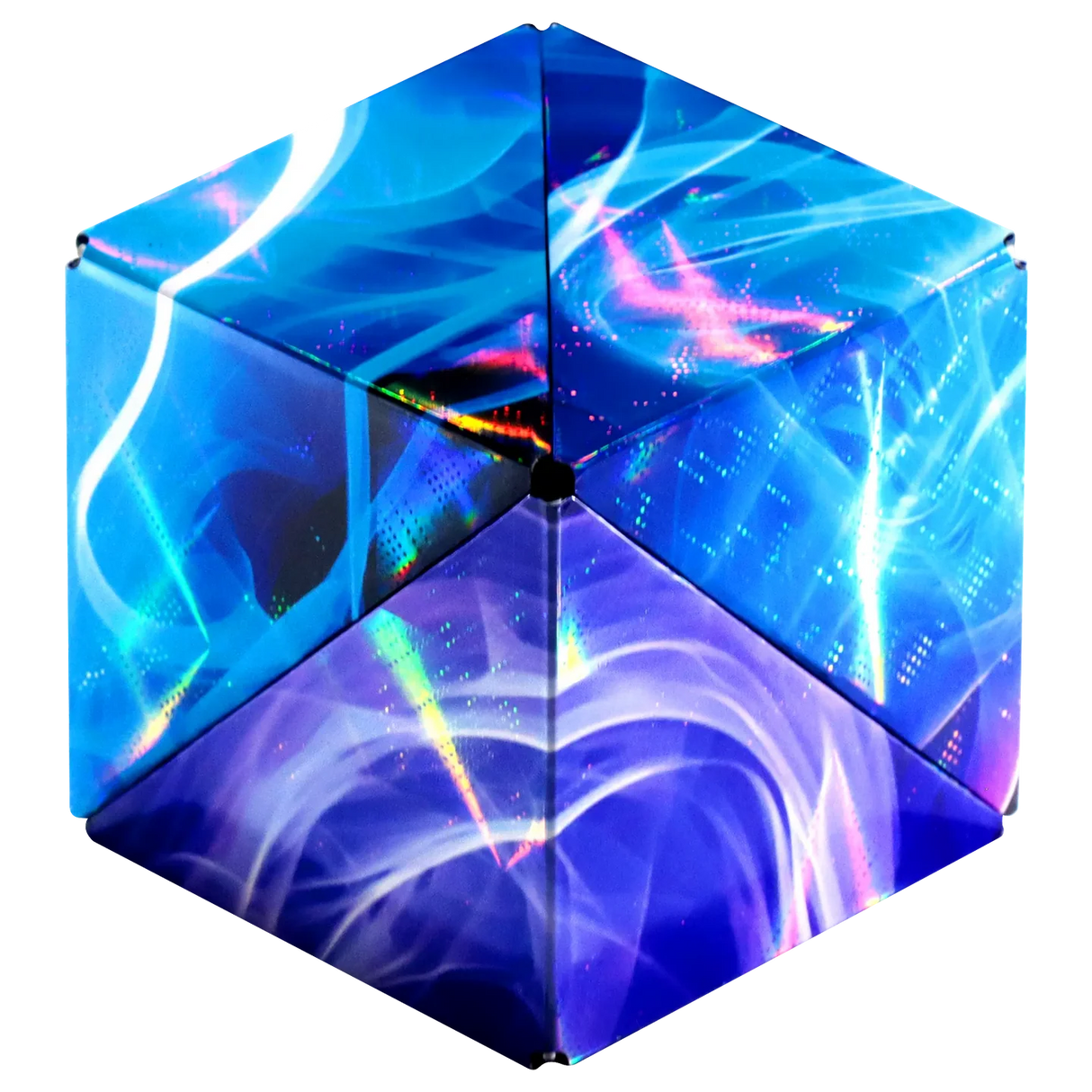 Hexagonal magnetic puzzle cube with holographic blue and purple vapor patterns and light streaks design