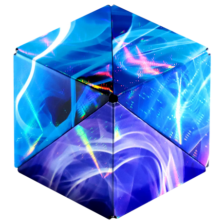 Hexagonal magnetic puzzle cube with holographic blue and purple vapor patterns and light streaks design