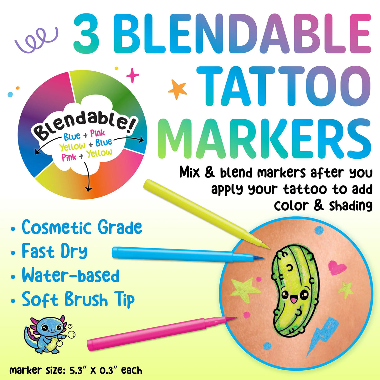 Three colorful blendable temporary tattoo markers with a cute cactus tattoo and blending instructions background
