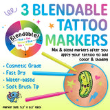 Three colorful blendable temporary tattoo markers with a cute cactus tattoo and blending instructions background