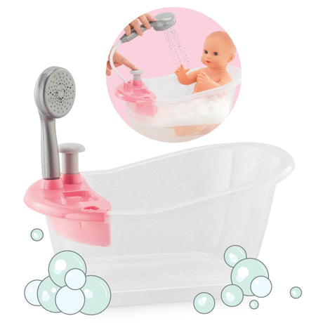 Bathtub & Shower with removable top and button-activated shower head for 12-14 inch dolls, doll not included.