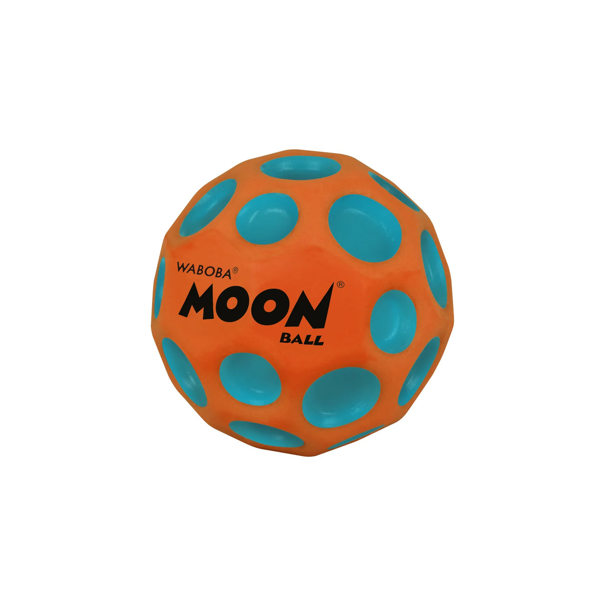 Orange and blue high-bouncing Moon Ball with crater-like holes designed for outdoor fun and play.