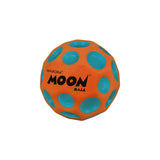 Orange and blue high-bouncing Moon Ball with crater-like holes designed for outdoor fun and play.