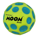 Bright yellow and blue Waboba Moon Ball with crater-like indentations designed for high bouncing fun.