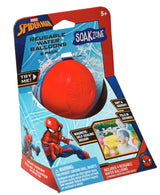 Red water balloon with embossed spider web design in Spider-Man themed blue and red packaging