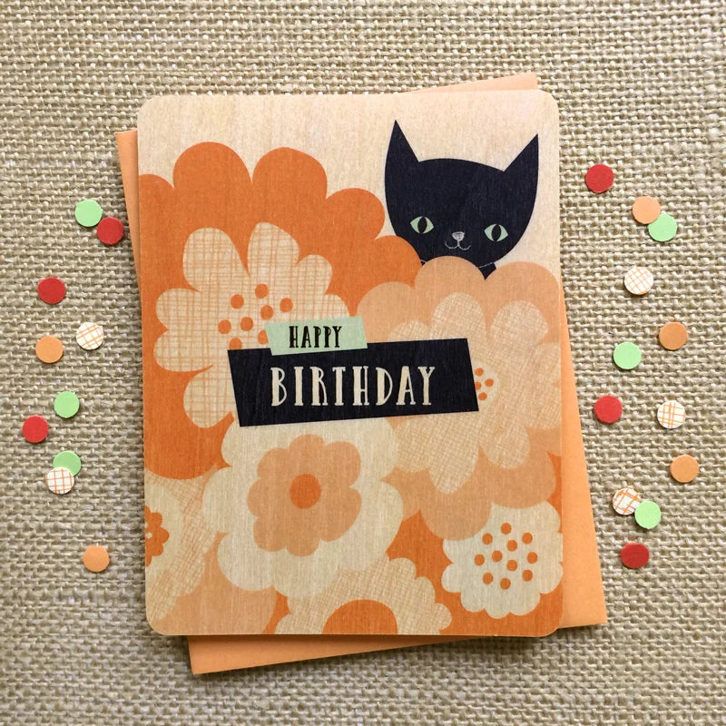 Black Cat Wood Birthday Card