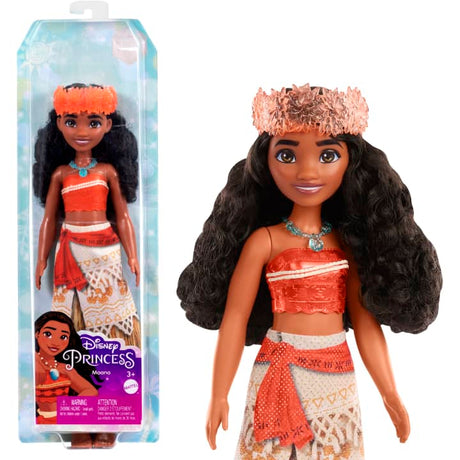Disney Princess Moana doll with signature outfit, removable necklace and headband, perfect for imaginative play and styling.