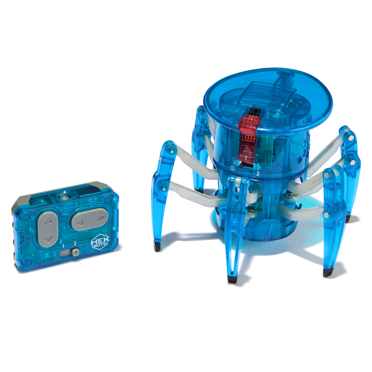 Blue translucent mechanical spider robot with remote control for interactive play and exploration