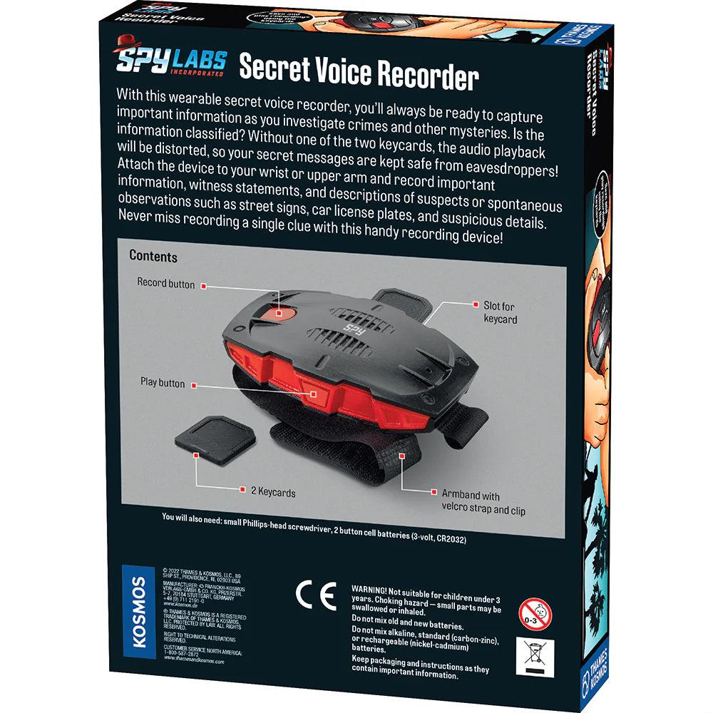 Spy Labs Secret Voice Recorder wearable device with armband, keycards, and buttons for recording and playback.