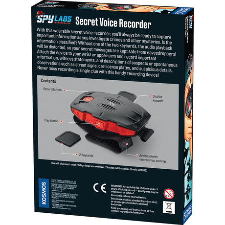 Spy Labs Secret Voice Recorder wearable device with armband, keycards, and buttons for recording and playback.