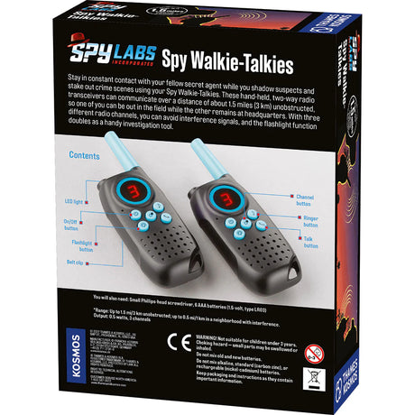 Spy Labs Spy Walkie Talkies with 1.5 mile range, 3 channels, flashlight, and talk button for kids aged 8 and up.