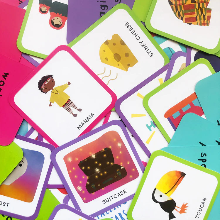 Pile of cards from the game, each with a colorful cartoon illustration and simple description.