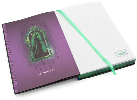 Wicked Elphaba Journal open to lined pages with green ribbon bookmark and purple cover design featuring Elphaba silhouette.
