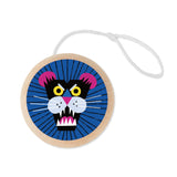Wooden yo-yo featuring a colorful wild lion face illustration with a blue background and white string attached