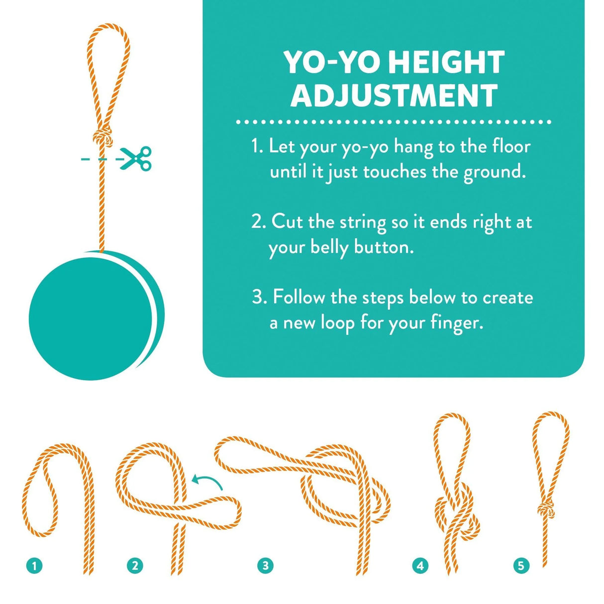Step-by-step guide showing how to adjust yo-yo string length and create a loop for your finger with illustrated rope diagrams.