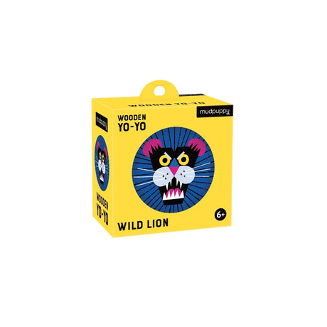 Bright yellow box featuring a wooden yo-yo with a colorful wild lion illustration for kids ages 6 and up