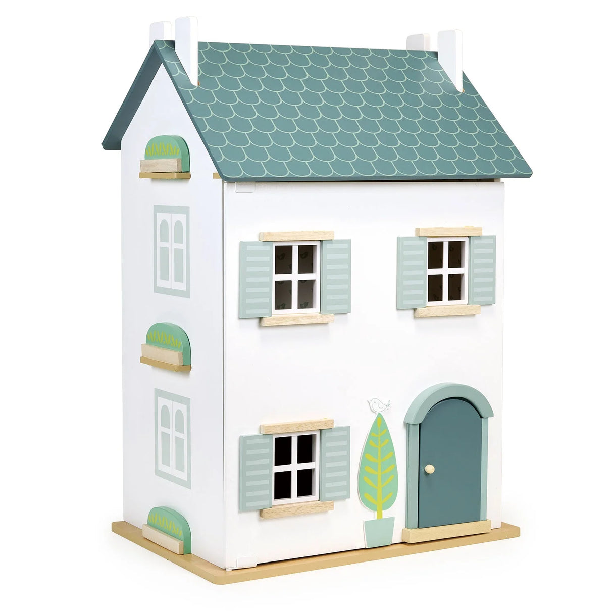 Medium-sized wooden dollhouse with three floors, blue roof, shutters, and a charming front door design