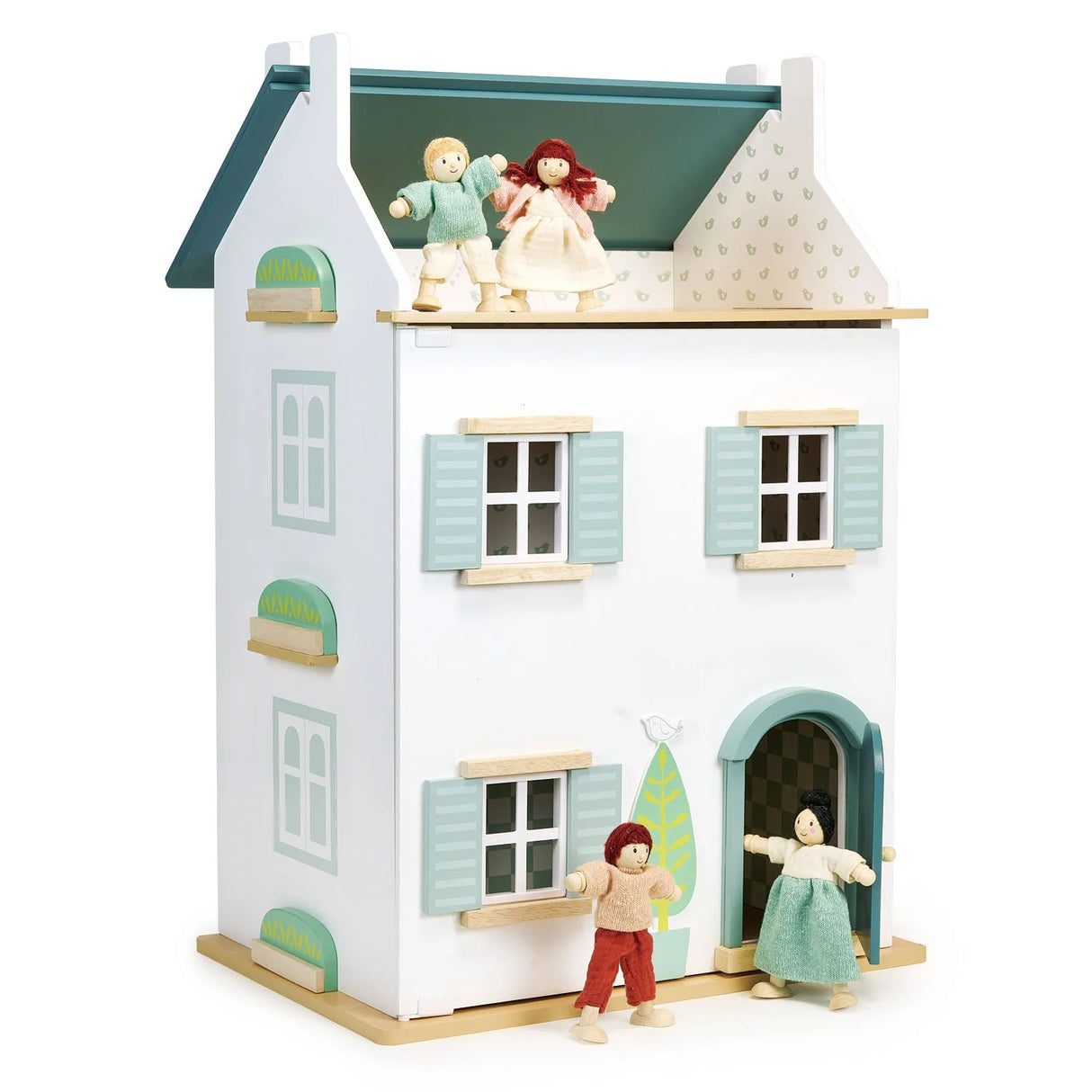 Wooden Willow Dollhouse with three floors, pastel shutters, and four handmade dolls for imaginative play