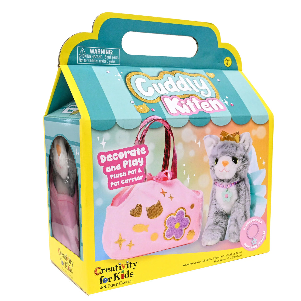 Cuddly Kitten plush toy with pet carrier featuring colorful decorations for creative play and care activities for kids.
