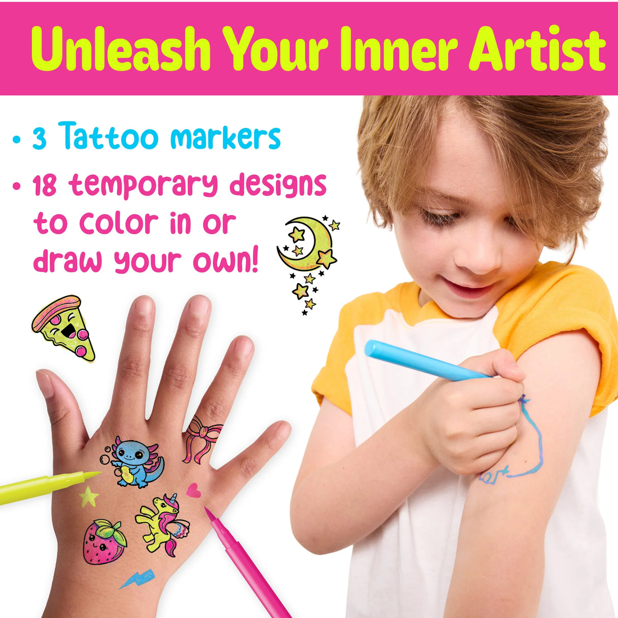 Child coloring temporary tattoos on arm with neon tattoo markers in bright creative kit set