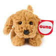 Soft brown plush puppy toy with black eyes and nose, small enough for kids to cuddle and carry anywhere.