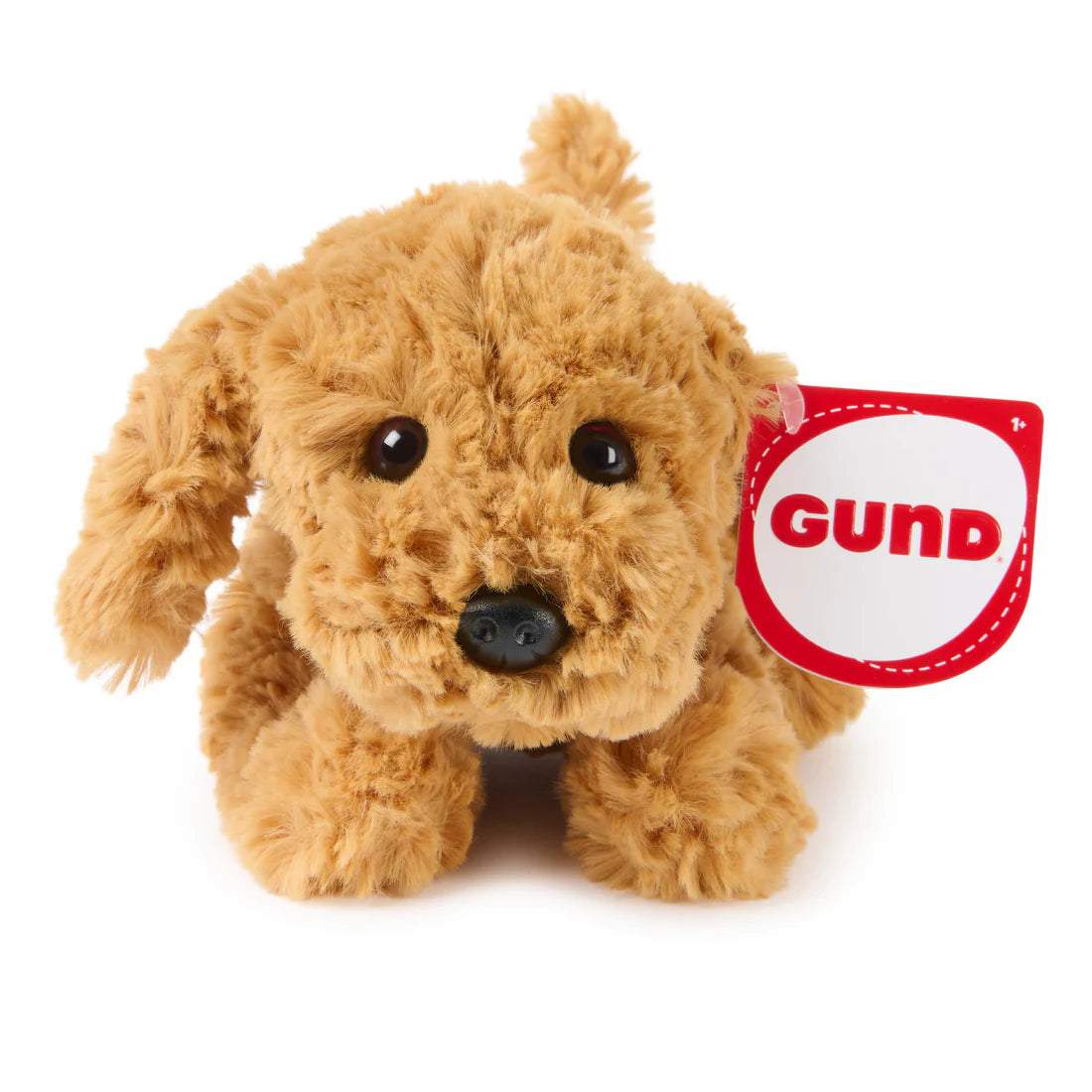 Soft brown plush puppy toy with black eyes and nose, small enough for kids to cuddle and carry anywhere.