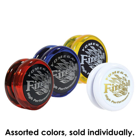 Four Yomega Fireball yoyos in red, blue, yellow, and white with high performance logos displayed on a white background