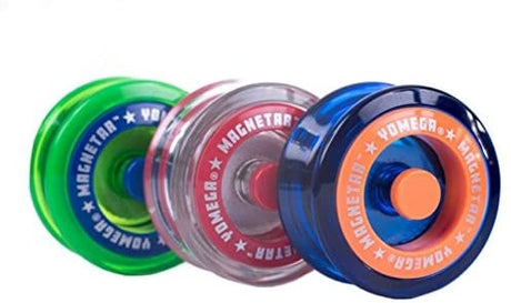 Three colorful Yomega Magnetar yoyos with transparent bodies and vibrant central caps lined up side by side