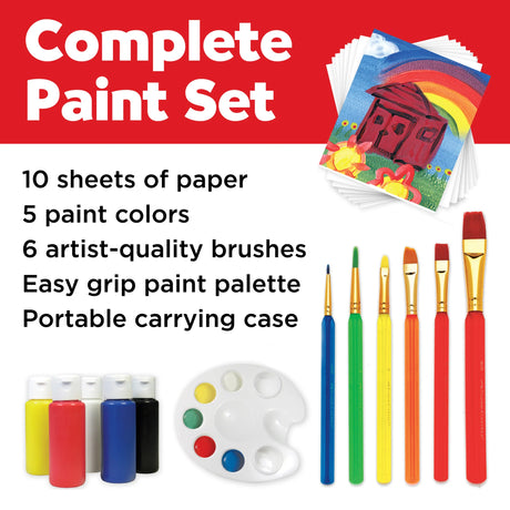 Learn to Paint Set with 6 brushes, 5 paint colors, 10 sheets of paper, and easy grip paint palette for kids.