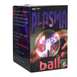 Plasma Ball packaging showing the glowing lightning effect inside the glass sphere being touched by a hand.