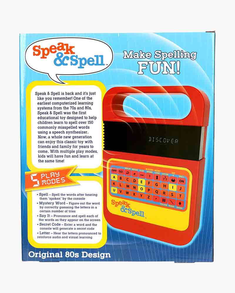 Speak & Spell classic 80s educational toy with speech synthesizer, multiple game modes, and retro design for kids learning spelling.