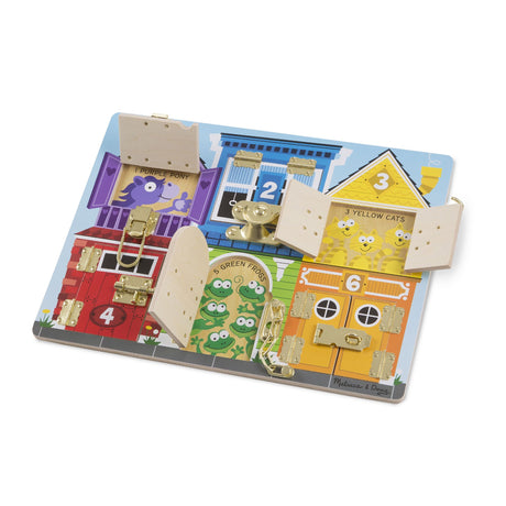 Latches Board wooden play toy with six doors featuring colorful animals, numbers, and fun latches for motor skill development.