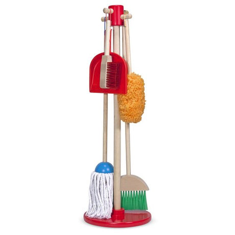 Dust Sweep & Mop Set with wooden handles, includes broom, mop, dustpan, brush, and stand for kids' play cleaning.