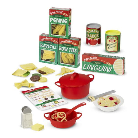 Prepare & Serve Pasta Set with felt pasta, sauce jars, cooking pot, colander, bowl, fork, and pasta spoon for imaginative play.