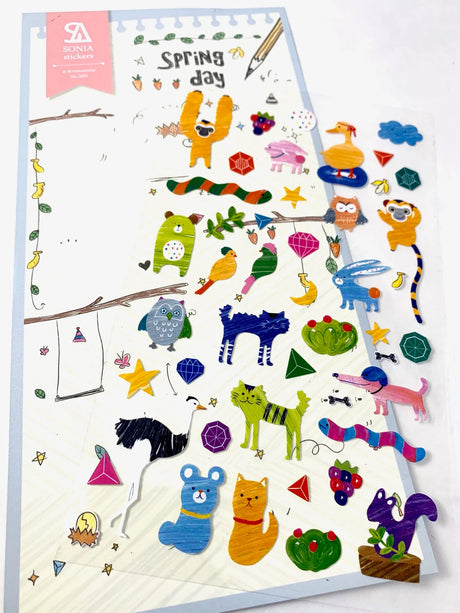 Spring Day Stickers featuring colorful animal and nature illustrations for notes, planners, and creative projects.