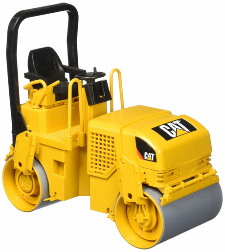 CAT Asphalt Drum Compactor toy replica in yellow with detailed rollers and narrow turn radius for small construction play.