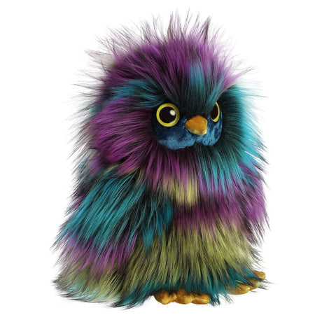 Owl Eden plush toy with dark purple, teal, black, and yellow fur, round eyes, and fluffy wings, 10 inches tall.