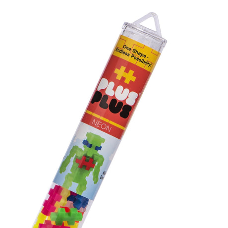 Plus Plus Neon 70pc tube with colorful interlocking bricks for creative 3D and flat mosaic designs.