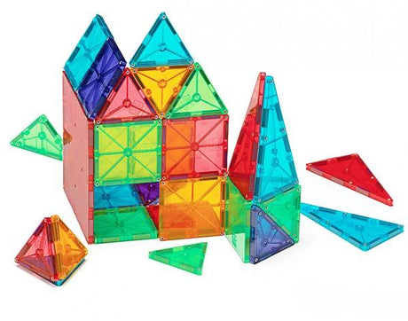 Magnatiles Clear 100pc translucent colorful magnetic tiles creating geometric shapes and structures for creative play.