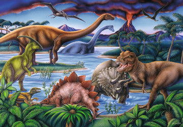35pc Dinosaur Playground Puzzle featuring colorful prehistoric dinosaurs near a volcano and lush greenery for kids 4 and up.