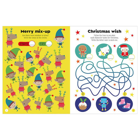 Christmas Window Stickies & Activity Book showing festive puzzles with elves, reindeer, and holiday-themed characters for kids.